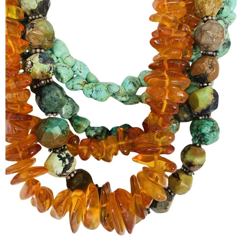 M Salazar 925 Sterling Silver Amber Turquoise Multistrand Statement Necklace 19" - Picture 13 of 16